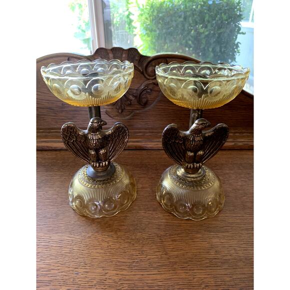 RARE Vintage Mid Century EAGLE Depression Glass & BRASS Candlesticks AMERICANA - Picture 12 of 14